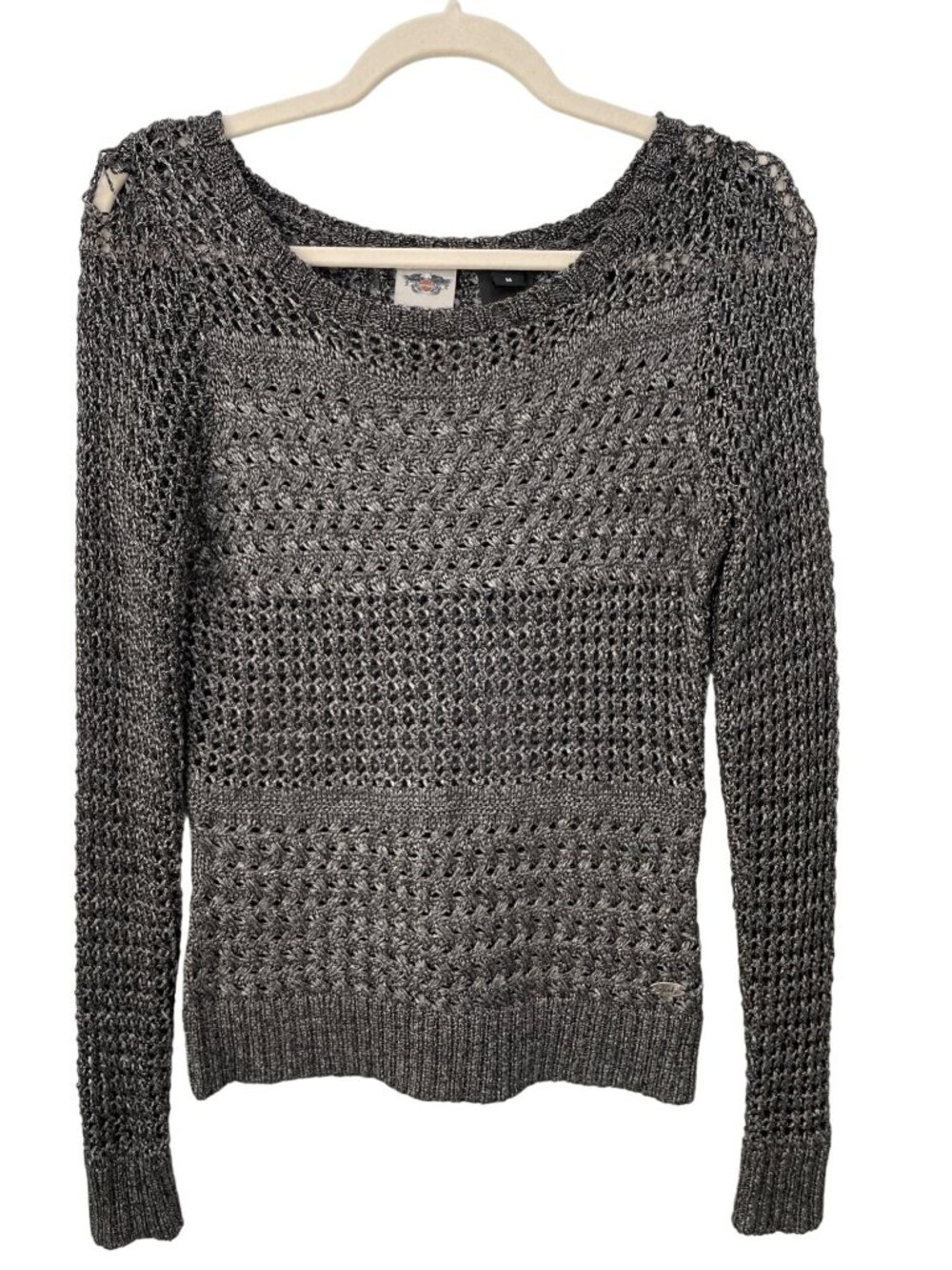 Harley Davidson Sweater Medium Open Knit Pullover Gray Acrylic Blend Cozy Biker
